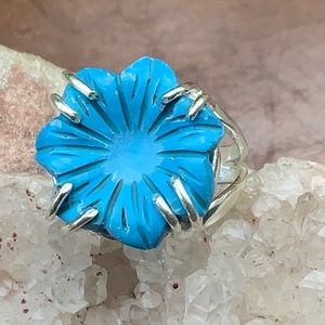 HAND CARVED TURQUOISE FLOWER 925 STERLING SILVER RING, SIZE 7